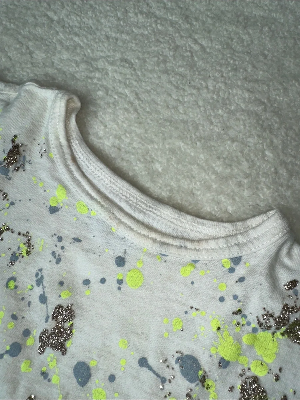 J. Crew White Short Sleeve Tee with Neon Yellow and Gold Splatter
